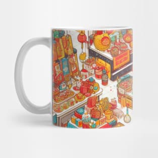 A bustling market scene filled with stalls offering traditional Chinese New Year goodies, decorations, and symbolic items. Capture the excitement and prosperity of the holiday. Mug